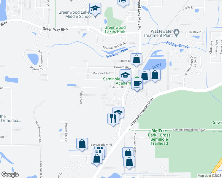 map of restaurants, bars, coffee shops, grocery stores, and more near 243 Acorn Drive in Longwood