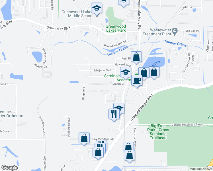 map of restaurants, bars, coffee shops, grocery stores, and more near 253 Acorn Drive in Longwood
