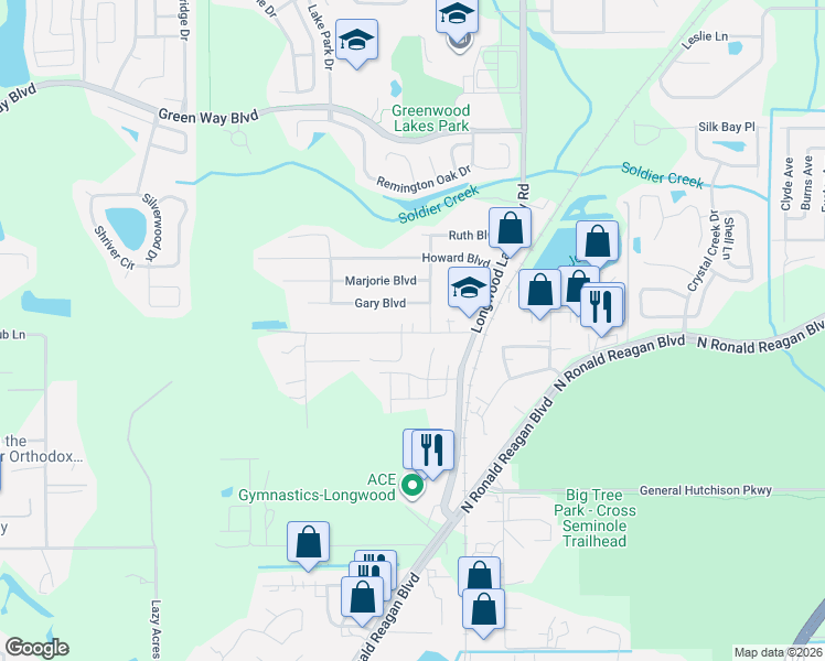 map of restaurants, bars, coffee shops, grocery stores, and more near 247 Acorn Drive in Longwood