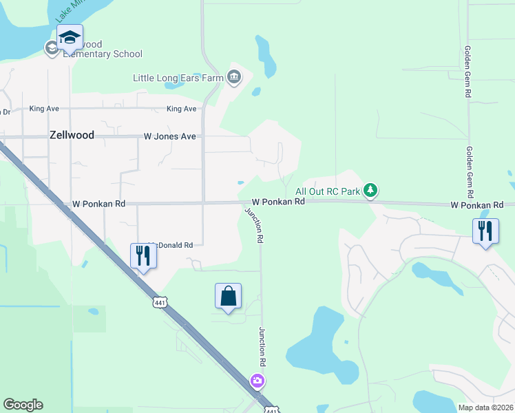map of restaurants, bars, coffee shops, grocery stores, and more near 2923 Junction Road in Zellwood