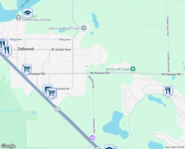 map of restaurants, bars, coffee shops, grocery stores, and more near 2923 Junction Road in Zellwood