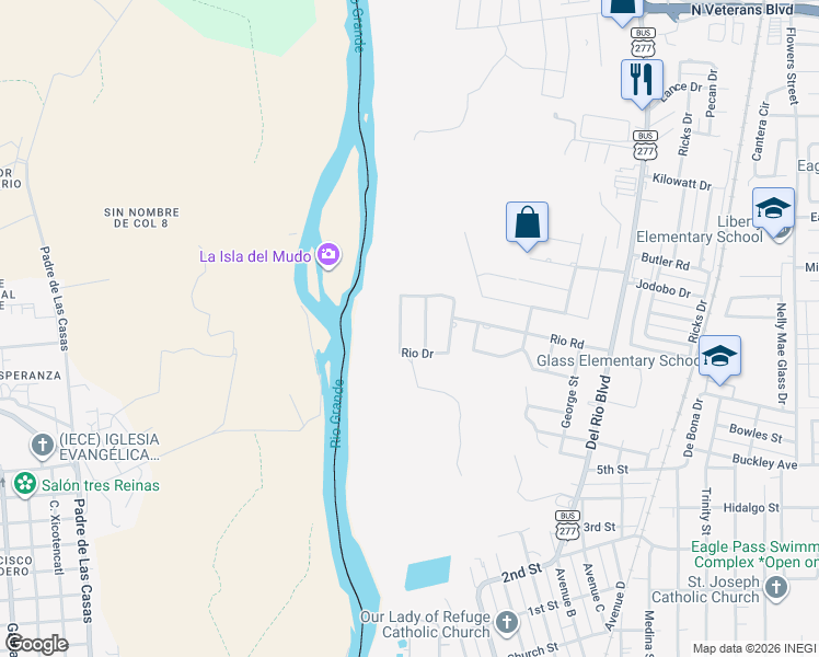 map of restaurants, bars, coffee shops, grocery stores, and more near 1612 Rio Vista Street in Eagle Pass