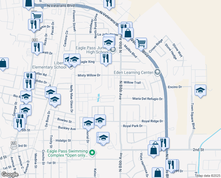 map of restaurants, bars, coffee shops, grocery stores, and more near 1442 Raintree Drive in Eagle Pass