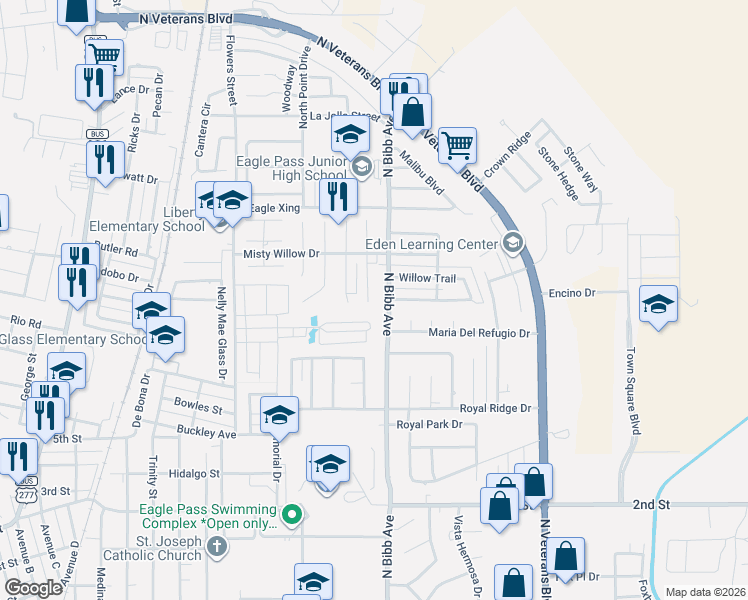map of restaurants, bars, coffee shops, grocery stores, and more near 1413 North Bibb Avenue in Eagle Pass