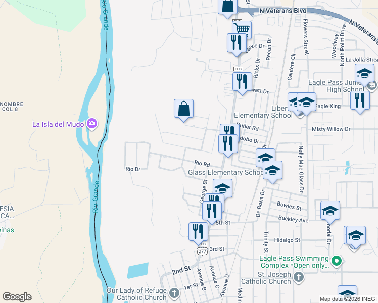 map of restaurants, bars, coffee shops, grocery stores, and more near 818 Encinal Drive in Eagle Pass
