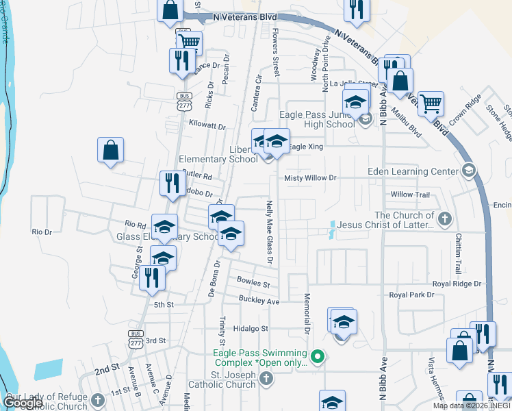 map of restaurants, bars, coffee shops, grocery stores, and more near 1675 Champion Circle in Eagle Pass