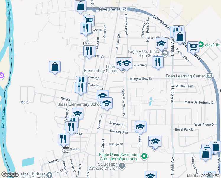 map of restaurants, bars, coffee shops, grocery stores, and more near 1704 Champion Circle in Eagle Pass