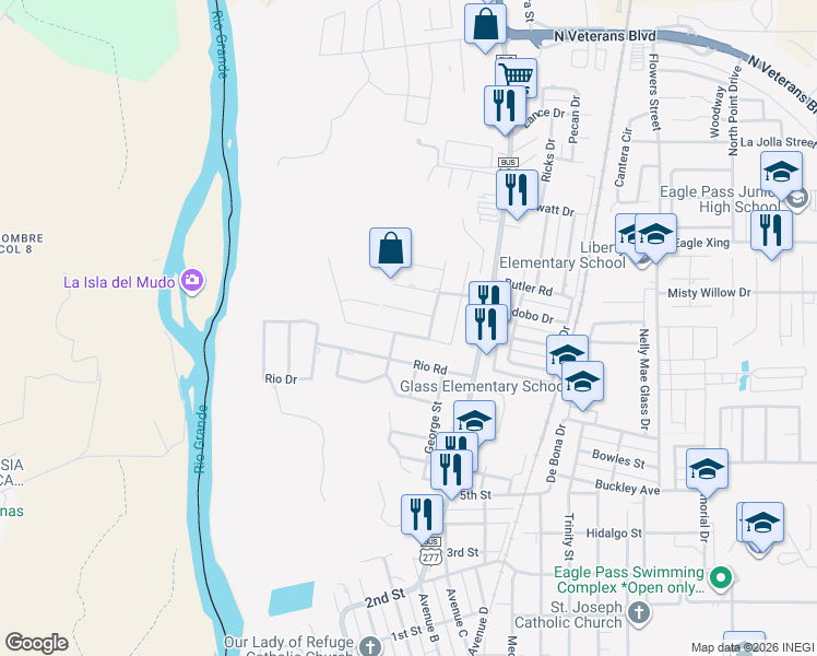 map of restaurants, bars, coffee shops, grocery stores, and more near 818 Encinal Drive in Eagle Pass