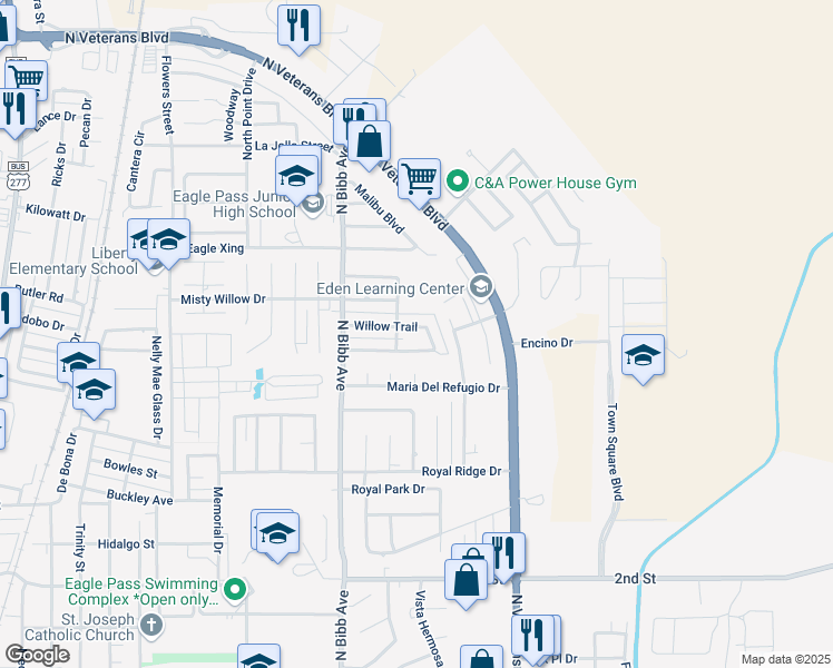 map of restaurants, bars, coffee shops, grocery stores, and more near 2378 Willow Trail in Eagle Pass