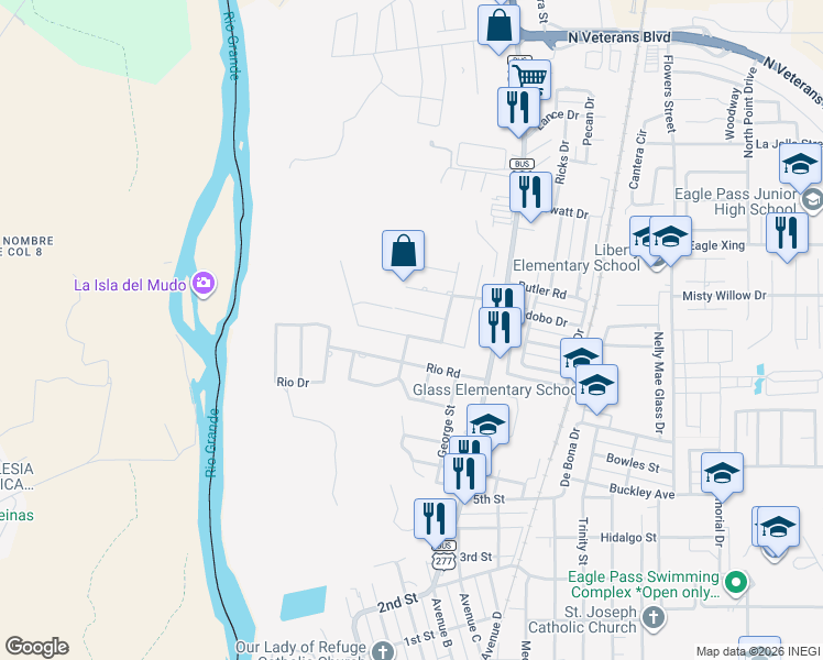 map of restaurants, bars, coffee shops, grocery stores, and more near 825 Encinal Drive in Eagle Pass