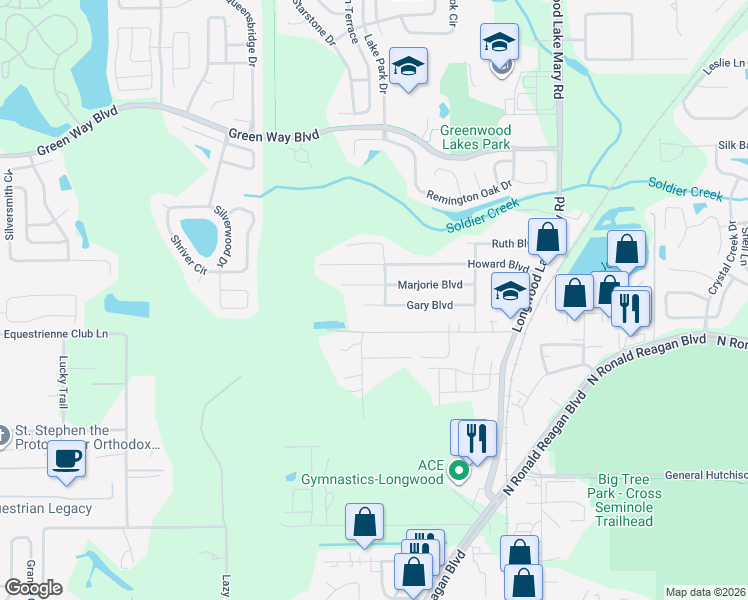 map of restaurants, bars, coffee shops, grocery stores, and more near 308 Gary Boulevard in Longwood