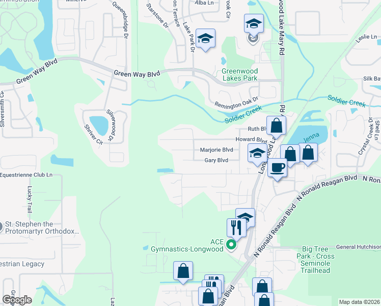 map of restaurants, bars, coffee shops, grocery stores, and more near 308 Gary Boulevard in Longwood