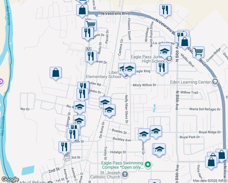 map of restaurants, bars, coffee shops, grocery stores, and more near 1704 Champion Circle in Eagle Pass