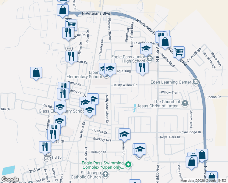 map of restaurants, bars, coffee shops, grocery stores, and more near 1710 Nelly Mae Glass Drive in Eagle Pass