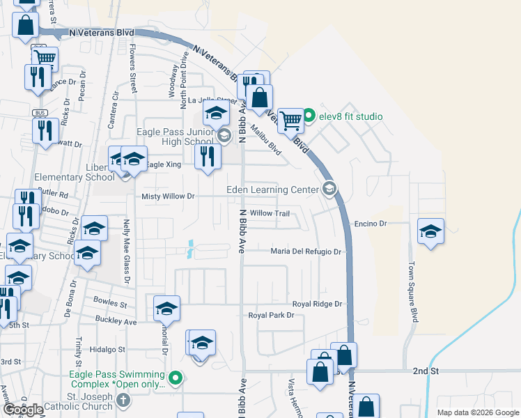 map of restaurants, bars, coffee shops, grocery stores, and more near 2263 Willow Ridge Drive in Eagle Pass