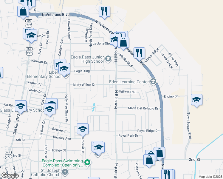 map of restaurants, bars, coffee shops, grocery stores, and more near 1605 North Bibb Avenue in Eagle Pass