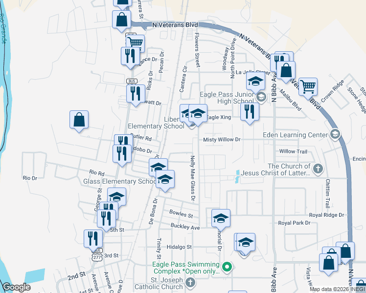 map of restaurants, bars, coffee shops, grocery stores, and more near 1675 Spirit Lane in Eagle Pass