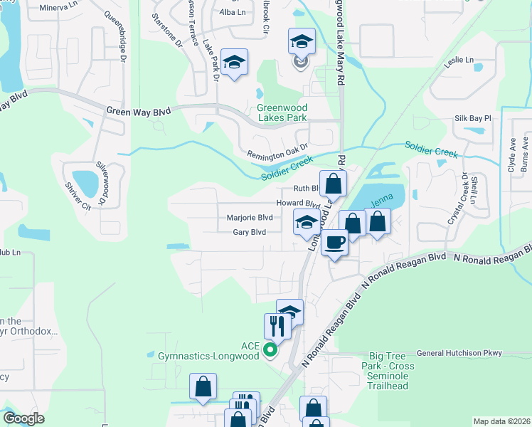 map of restaurants, bars, coffee shops, grocery stores, and more near 267 Howard Boulevard in Longwood