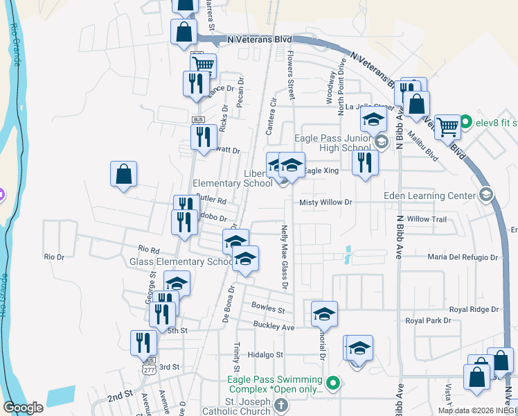 map of restaurants, bars, coffee shops, grocery stores, and more near 1601 Spirit Lane in Eagle Pass