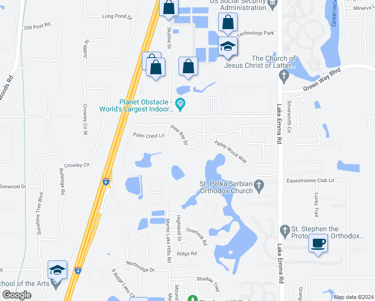 map of restaurants, bars, coffee shops, grocery stores, and more near 1861 Pine Bay Drive in Lake Mary