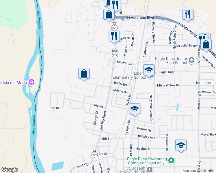 map of restaurants, bars, coffee shops, grocery stores, and more near Paso del Rio Boulevard in Eagle Pass