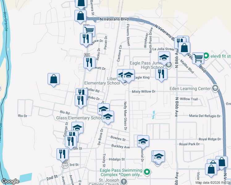 map of restaurants, bars, coffee shops, grocery stores, and more near 1601 Spirit Lane in Eagle Pass