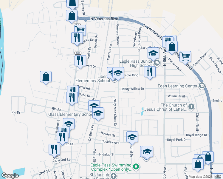 map of restaurants, bars, coffee shops, grocery stores, and more near 1675 Spirit Ln in Eagle Pass