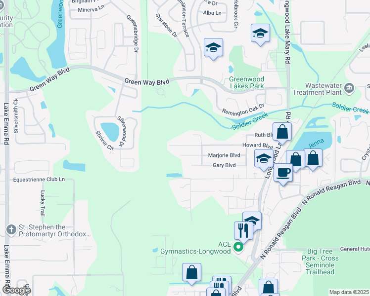 map of restaurants, bars, coffee shops, grocery stores, and more near 337 Howard Boulevard in Longwood