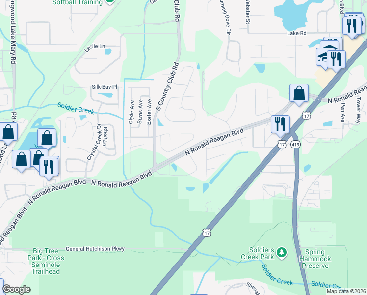 map of restaurants, bars, coffee shops, grocery stores, and more near 1504 Oberlin Terrace in Lake Mary