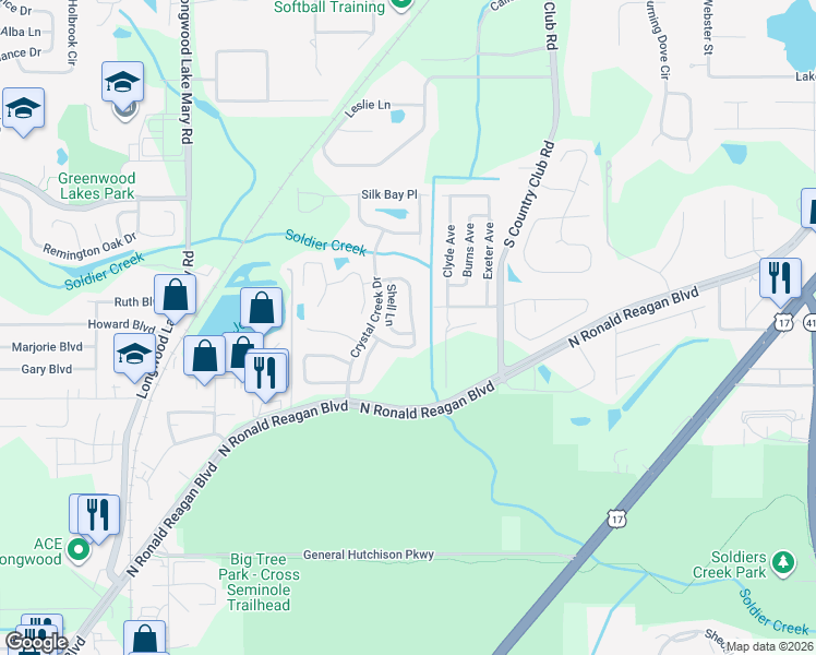 map of restaurants, bars, coffee shops, grocery stores, and more near 873 Shell Lane in Longwood