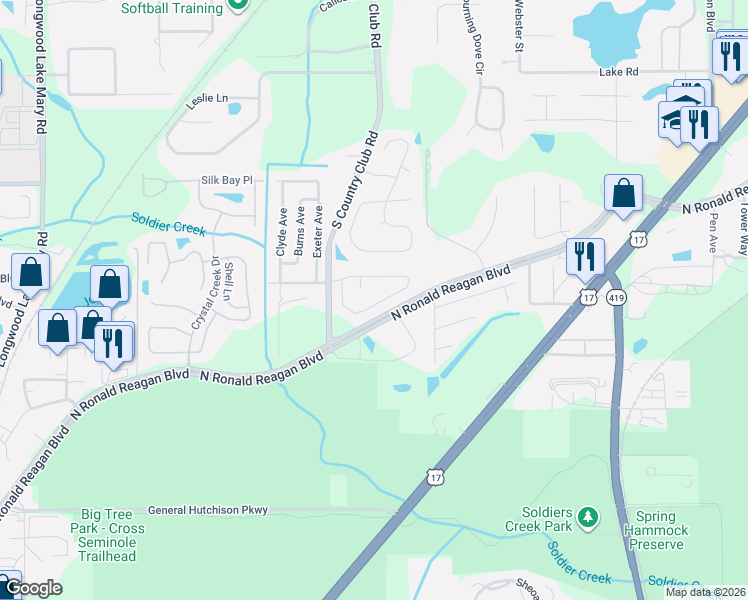map of restaurants, bars, coffee shops, grocery stores, and more near 1504 Oberlin Terrace in Lake Mary