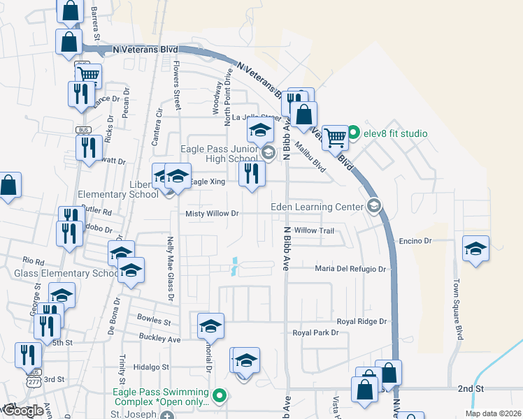 map of restaurants, bars, coffee shops, grocery stores, and more near 1606 Raintree Drive in Eagle Pass