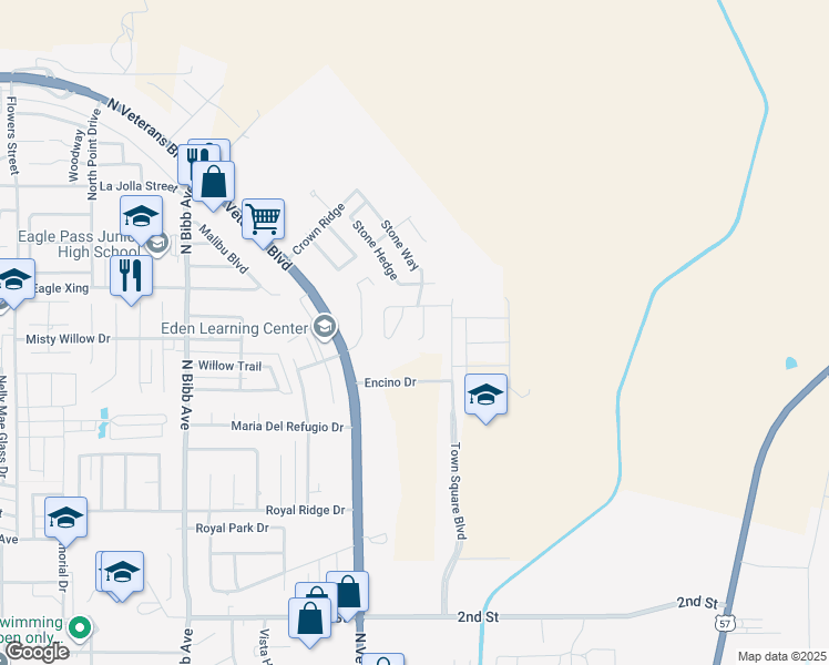 map of restaurants, bars, coffee shops, grocery stores, and more near 2371 Oak Breeze Circle in Eagle Pass
