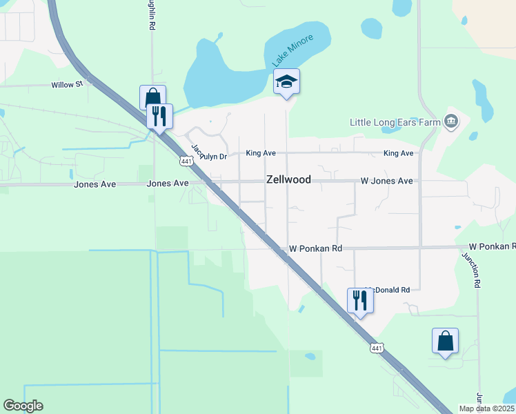 map of restaurants, bars, coffee shops, grocery stores, and more near 5612 Woodward Avenue in Zellwood