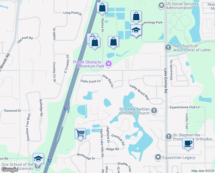 map of restaurants, bars, coffee shops, grocery stores, and more near 1853 Pine Bay Drive in Lake Mary