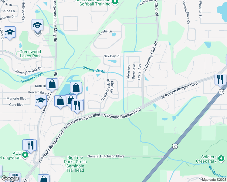 map of restaurants, bars, coffee shops, grocery stores, and more near 873 Shell Lane in Longwood