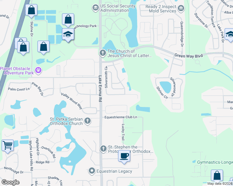map of restaurants, bars, coffee shops, grocery stores, and more near 804 Silversmith Circle in Lake Mary