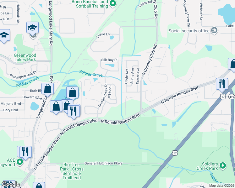 map of restaurants, bars, coffee shops, grocery stores, and more near 568 Tall Oaks Terrace in Longwood