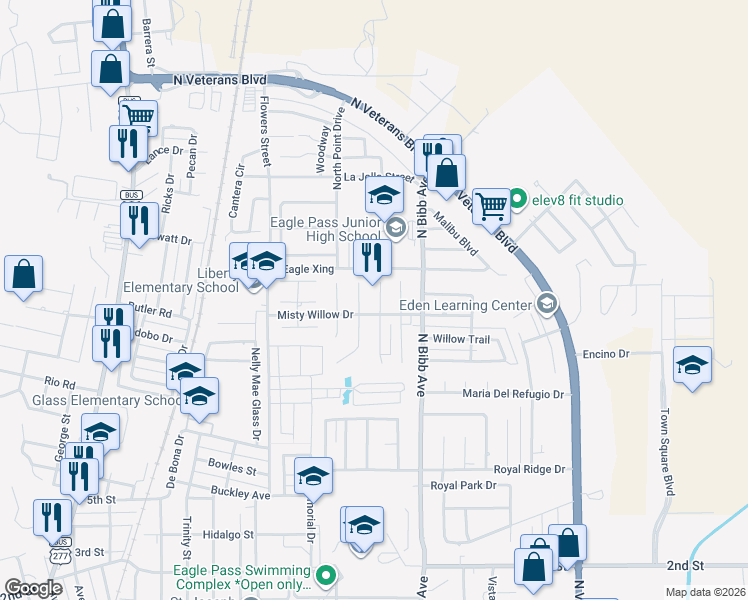 map of restaurants, bars, coffee shops, grocery stores, and more near 1606 Raintree Drive in Eagle Pass