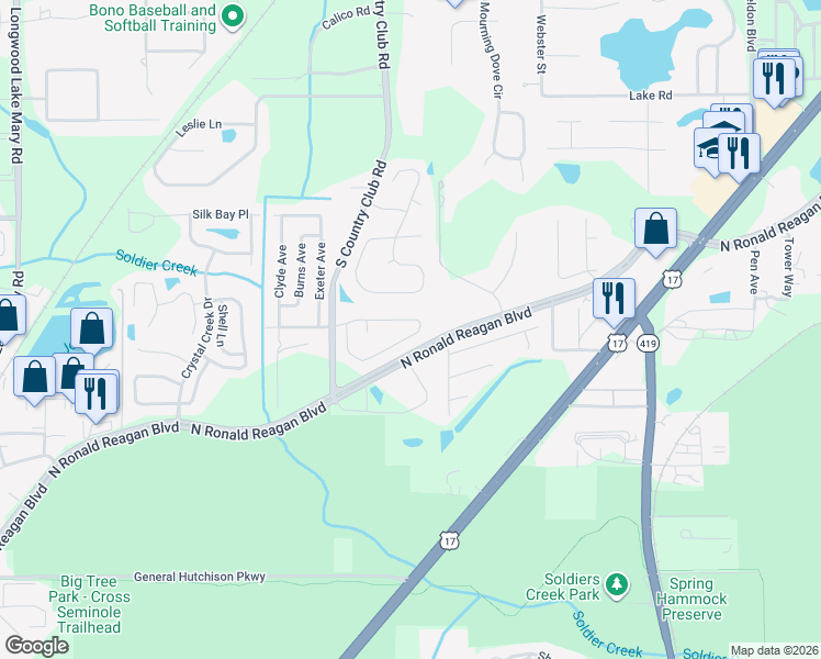 map of restaurants, bars, coffee shops, grocery stores, and more near 1504 Oberlin Terrace in Lake Mary