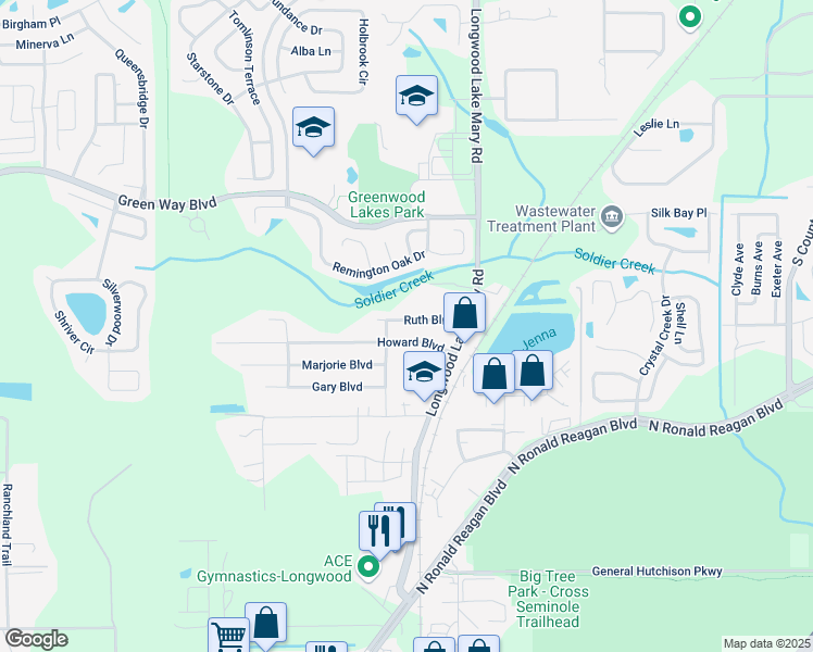 map of restaurants, bars, coffee shops, grocery stores, and more near 237 Ruth Boulevard in Longwood