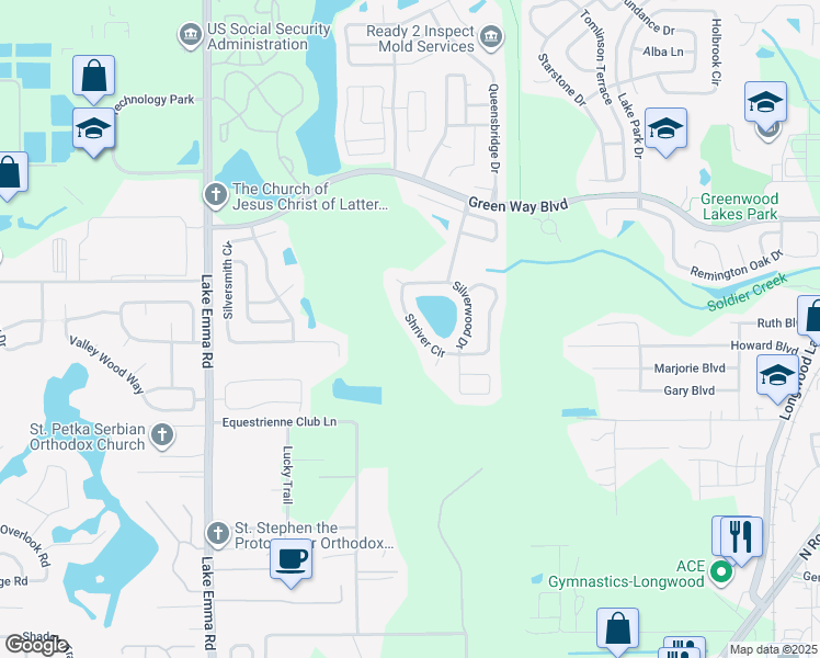 map of restaurants, bars, coffee shops, grocery stores, and more near 850 Shriver Circle in Lake Mary