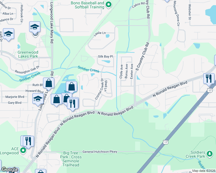 map of restaurants, bars, coffee shops, grocery stores, and more near 825 Shell Lane in Longwood