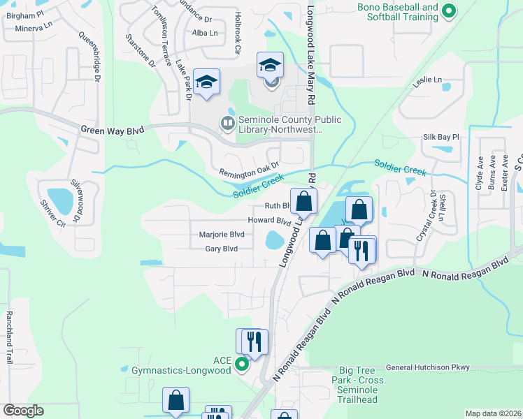 map of restaurants, bars, coffee shops, grocery stores, and more near 241 Ruth Boulevard in Longwood