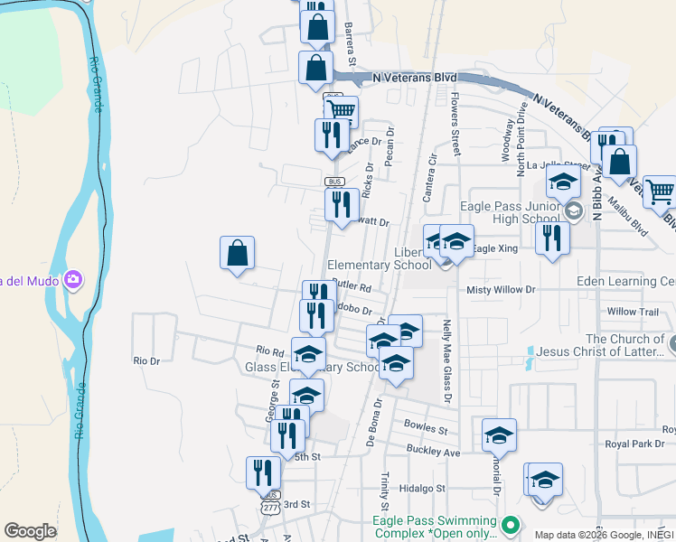 map of restaurants, bars, coffee shops, grocery stores, and more near 1947 Ricks Drive in Eagle Pass