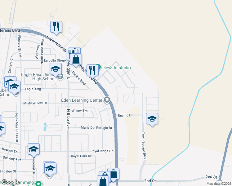 map of restaurants, bars, coffee shops, grocery stores, and more near 2694 Oak Manor Drive in Eagle Pass