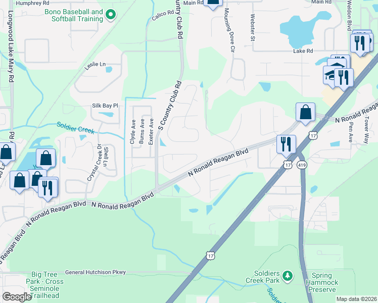 map of restaurants, bars, coffee shops, grocery stores, and more near 751 Keeneland Pike in Lake Mary