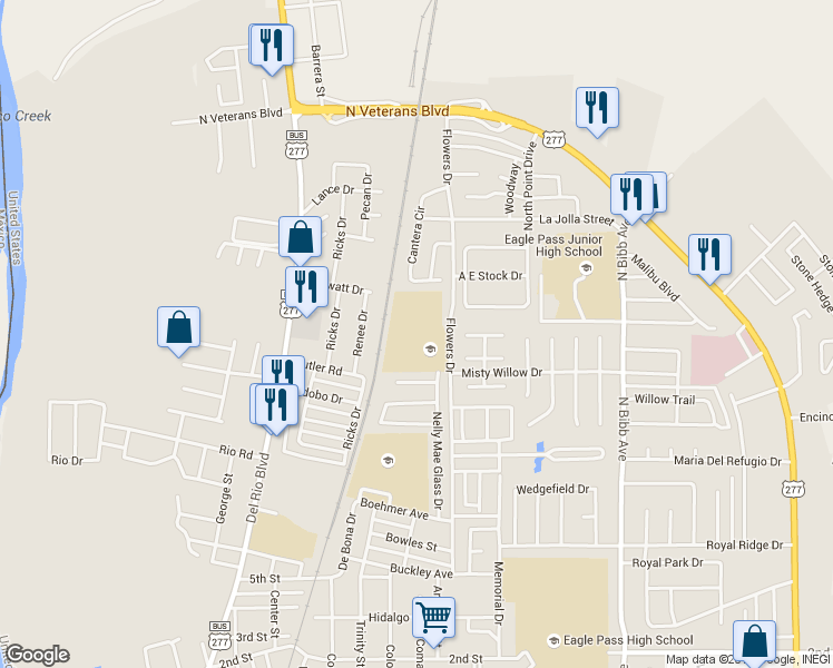 map of restaurants, bars, coffee shops, grocery stores, and more near 1850 Flowers Drive in Eagle Pass