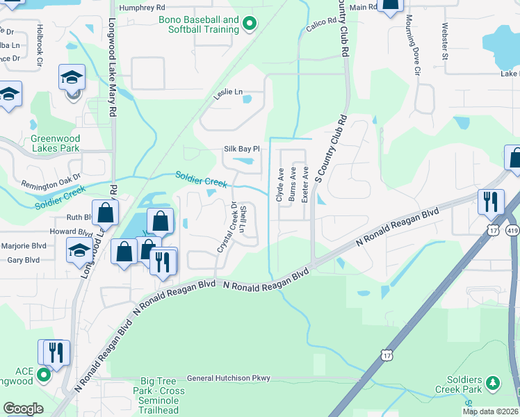map of restaurants, bars, coffee shops, grocery stores, and more near 544 Tall Oaks Terrace in Longwood