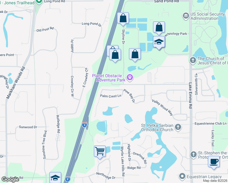 map of restaurants, bars, coffee shops, grocery stores, and more near 1785 Pine Bay Drive in Lake Mary